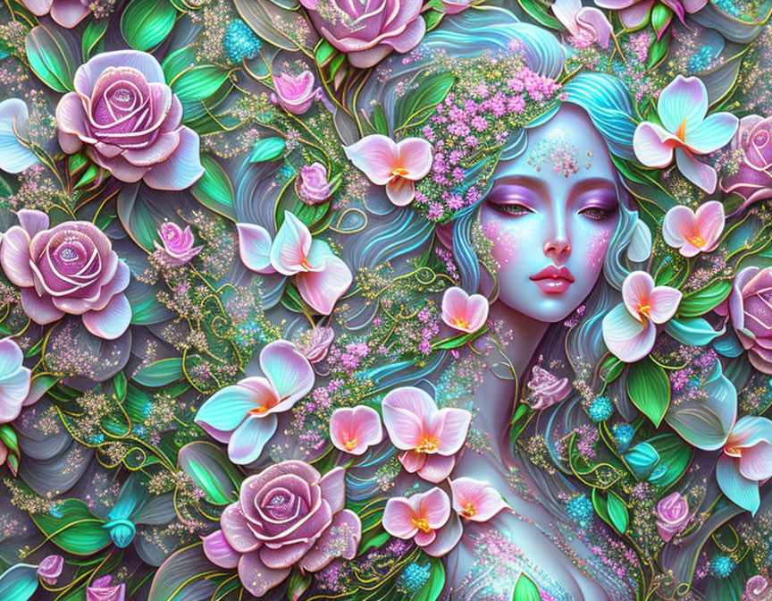 Colorful artwork of woman with blue skin and floral patterns in serene pose