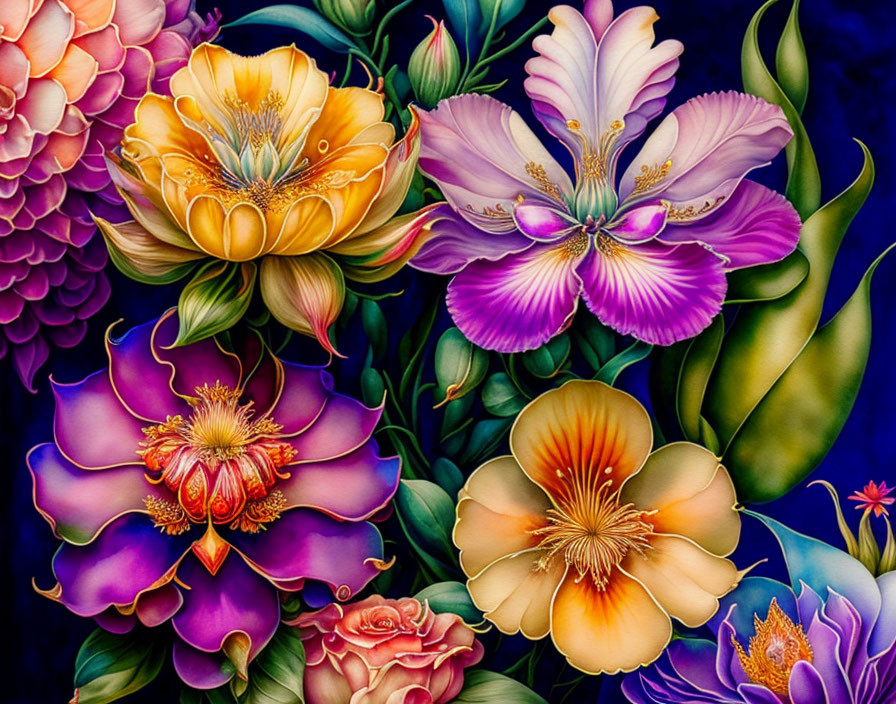 Detailed Painting of Vibrant Purple, Orange, and Pink Flowers