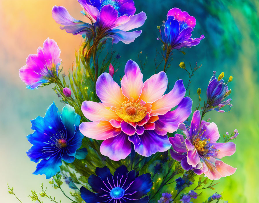 Colorful Bouquet of Blue, Pink, and Purple Flowers on Softly Blurred Background