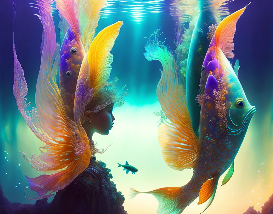Surreal artwork: woman's profile merging with colorful fish underwater