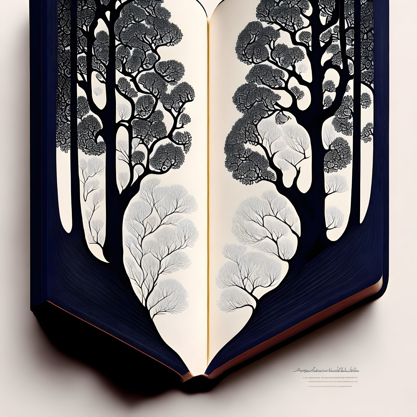 Intricate black and white paper art of trees in an open book