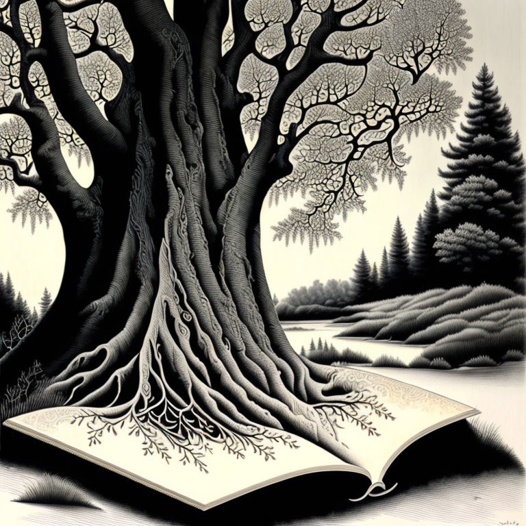 Monochrome illustration of tree and book in serene landscape