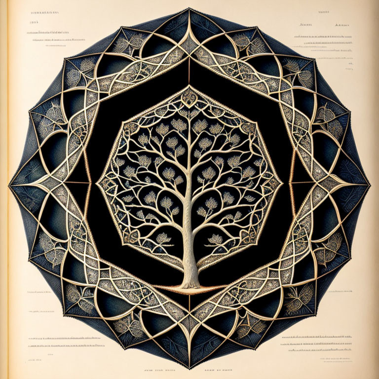 Geometric mandala with tree design on aged book page.