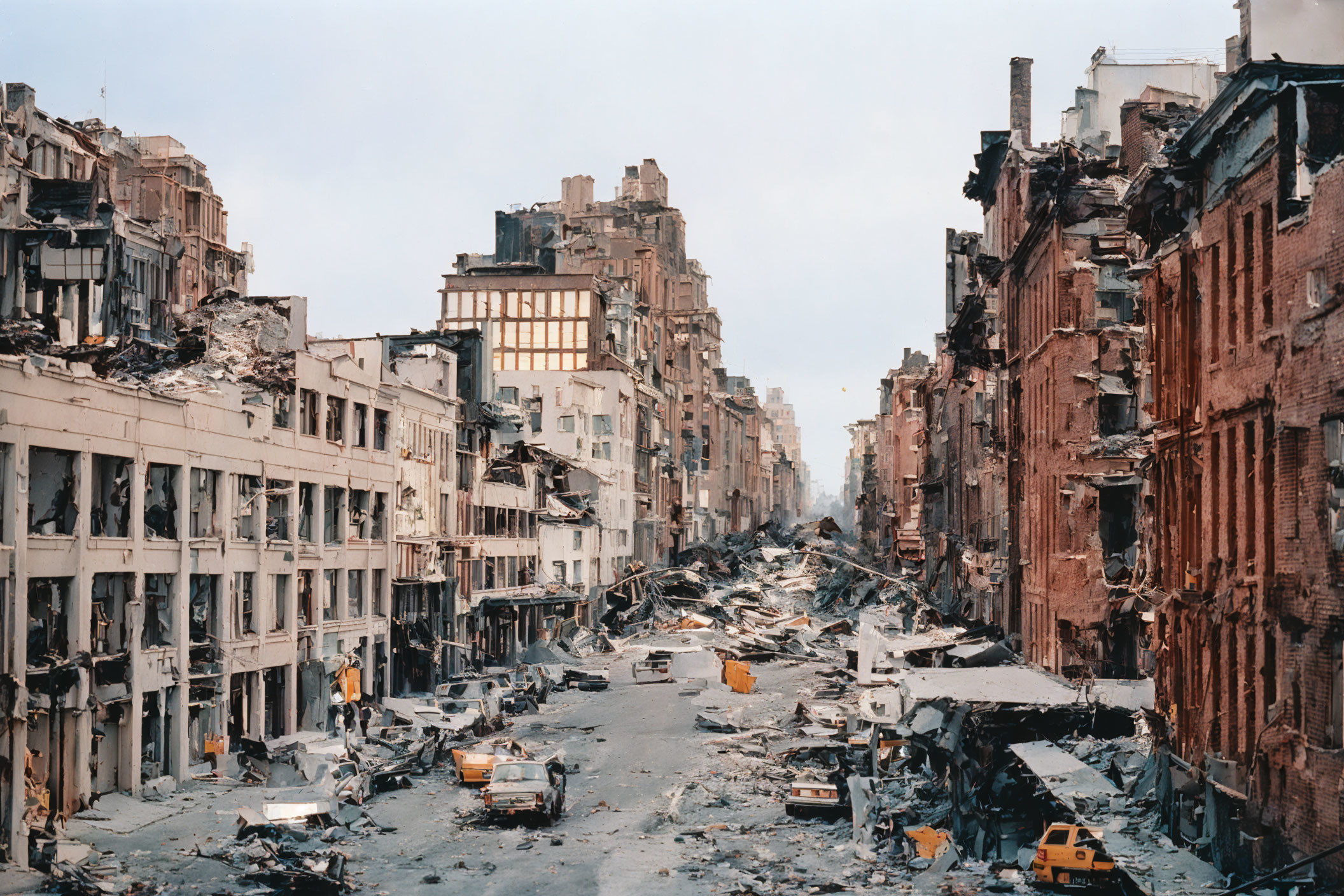 Destroyed urban street with damaged buildings and debris after catastrophe