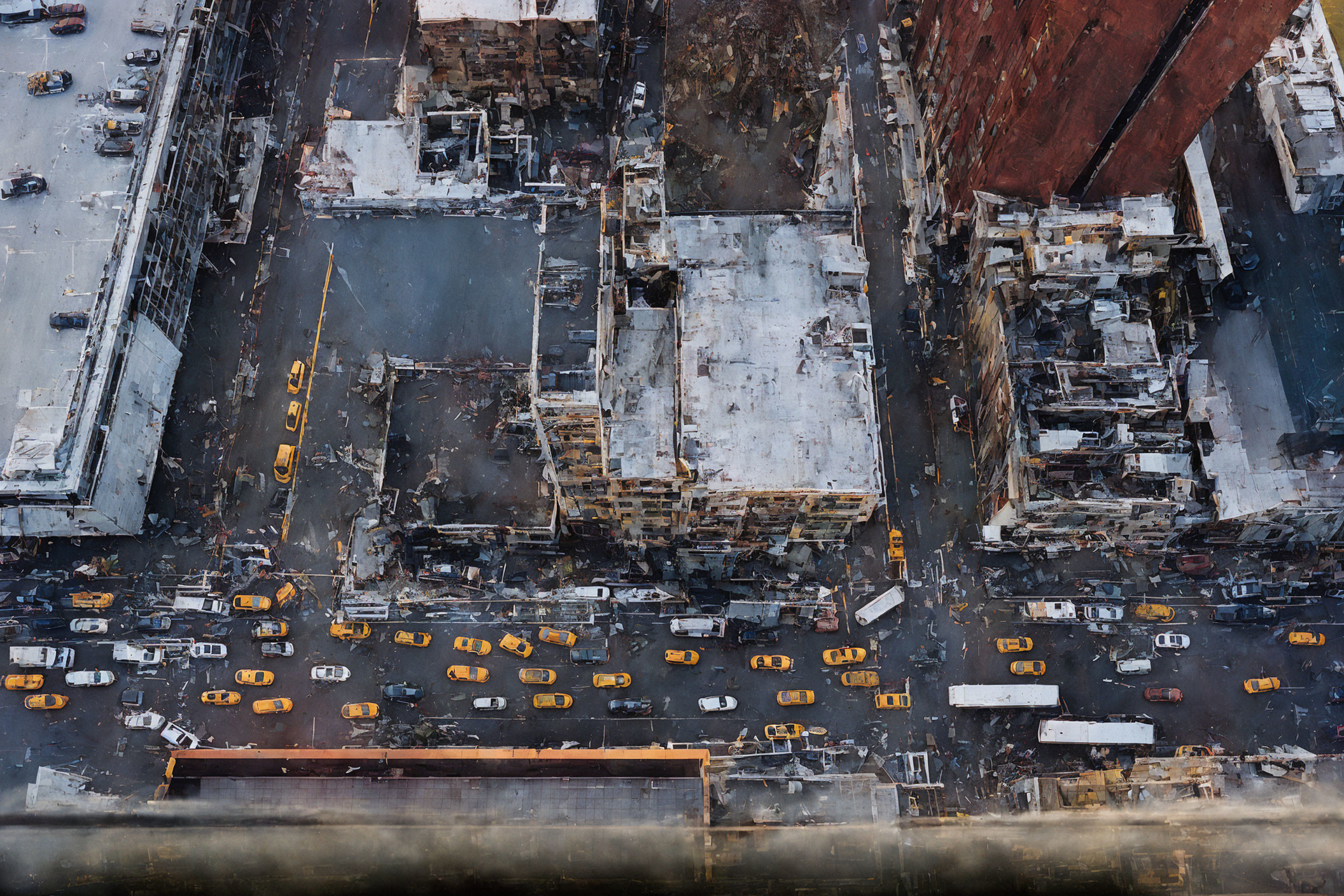 Urban Area with Burnt-Out Buildings, Yellow Taxis, and Debris Covered Streets