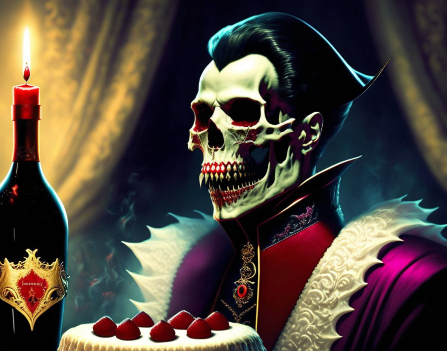 Sinister Skeleton Figure with Cake, Candle, and Wine Bottle