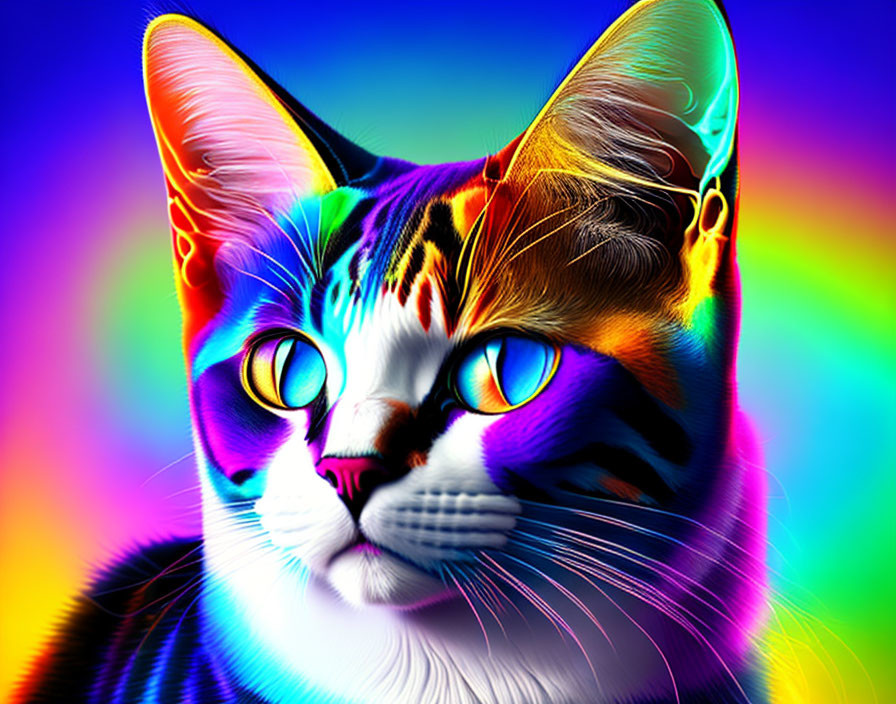 Colorful neon cat art with yellow eyes on rainbow backdrop