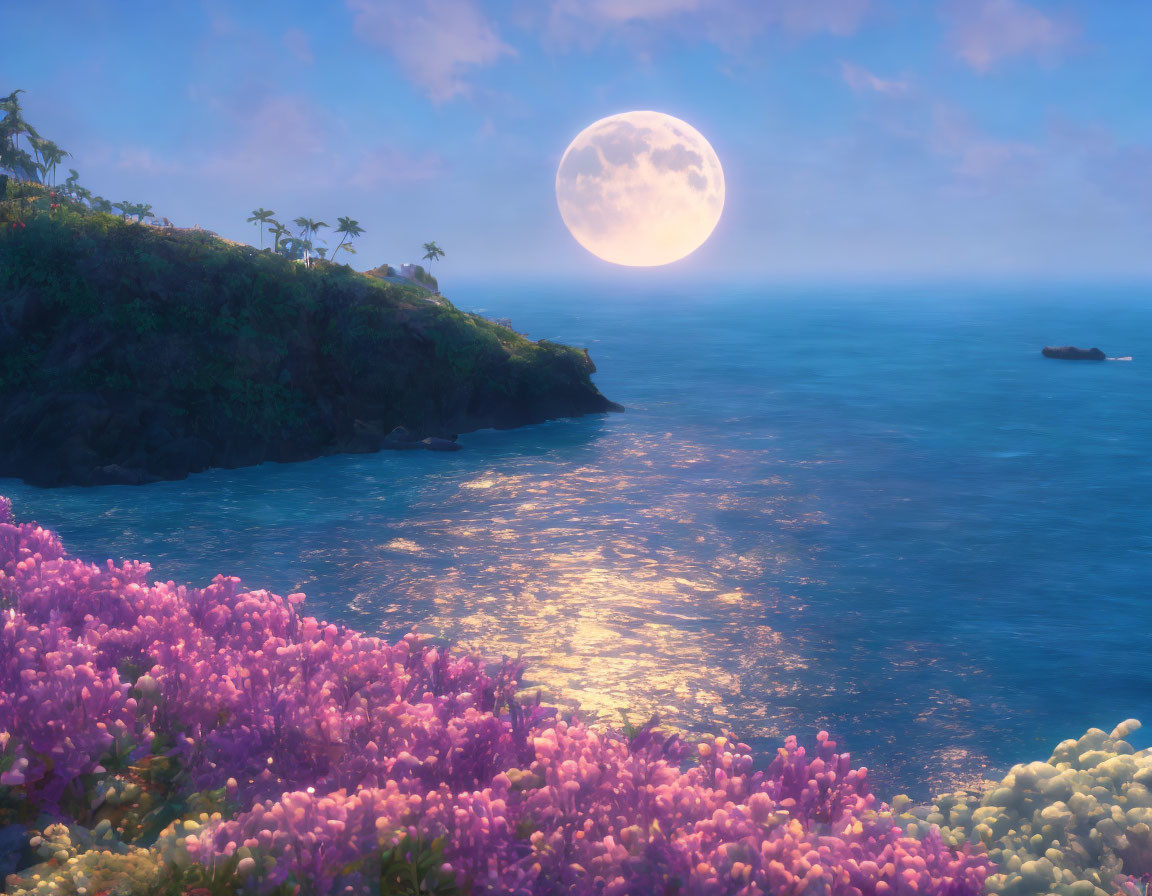 Tranquil seascape at dusk with full moon and purple shrubs