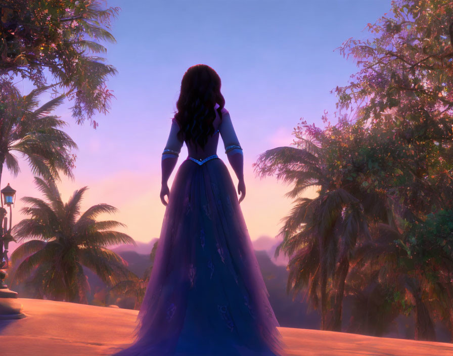 Animated female character with long dark hair in sunset palm tree scene