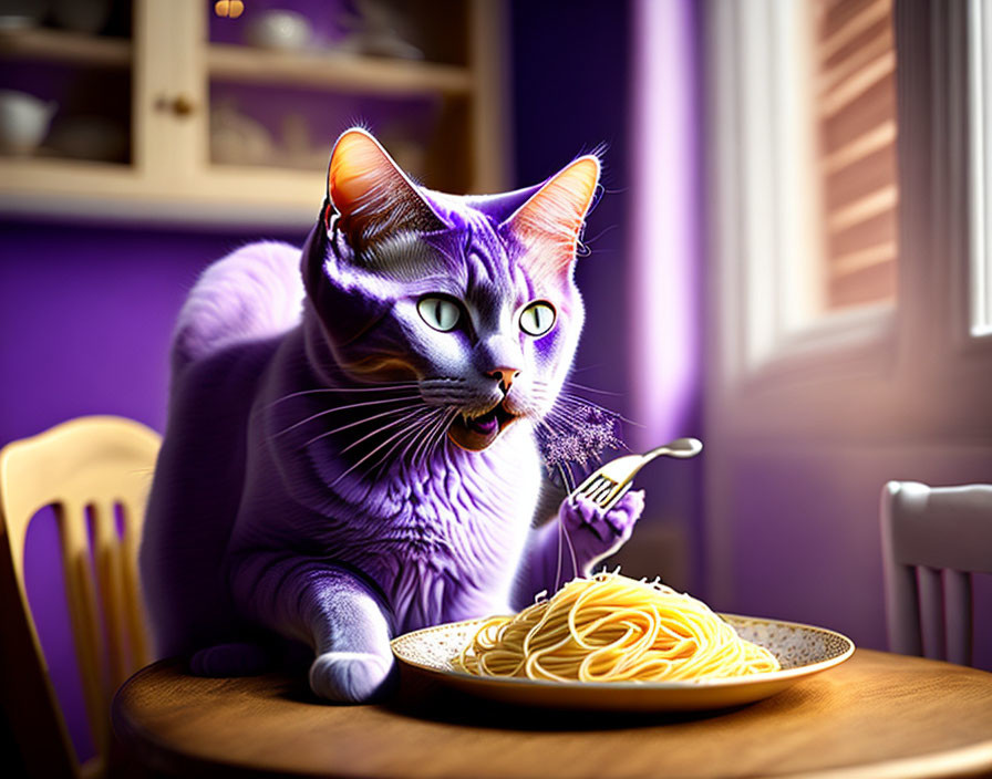 Purple Cat Eating Spaghetti Artwork with Cozy Background