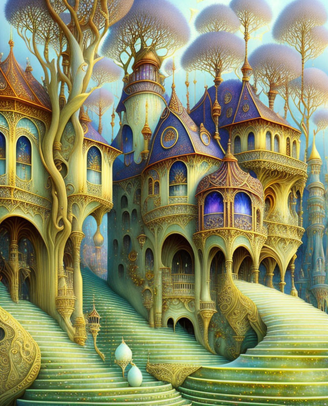 Fantastical palace with gold and blue architecture among purple trees and mystical sky