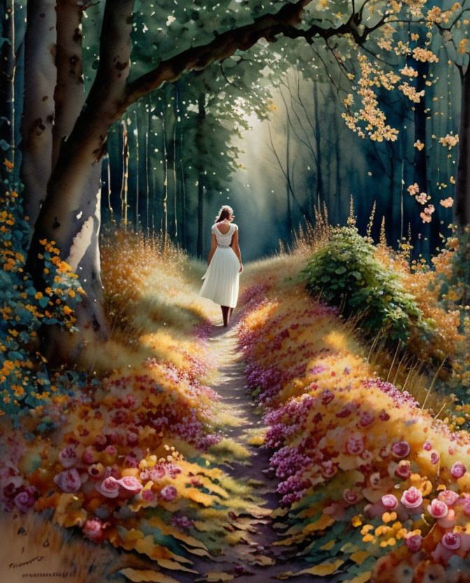 Tranquil painting: young girl in white dress on flower-lined forest path