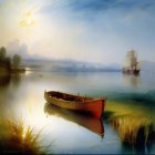 Tranquil lake landscape with rowboat, sailboats, cottage, and sun glow