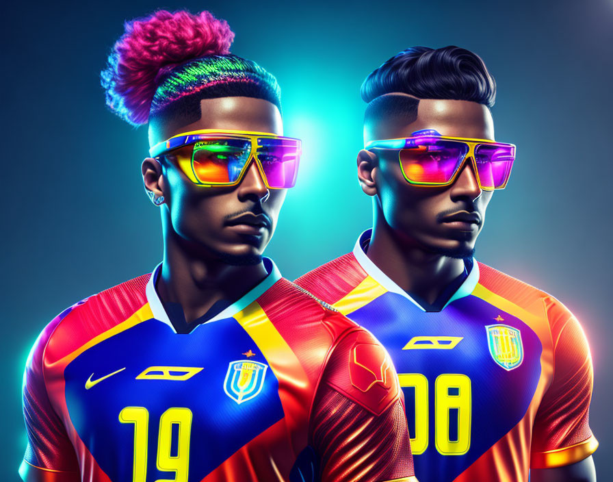 Stylized digital characters in colorful sports jerseys with futuristic sunglasses on blue gradient background