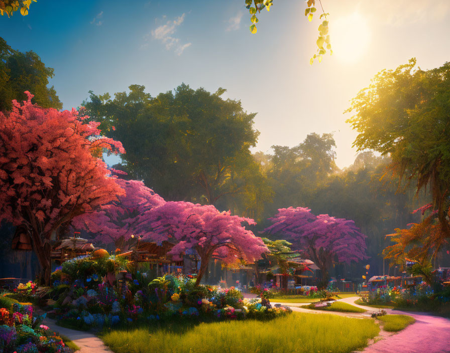 Tranquil Park with Blooming Pink Trees and Sunlight Paths