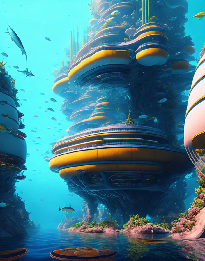 Futuristic underwater city with marine life and advanced architecture