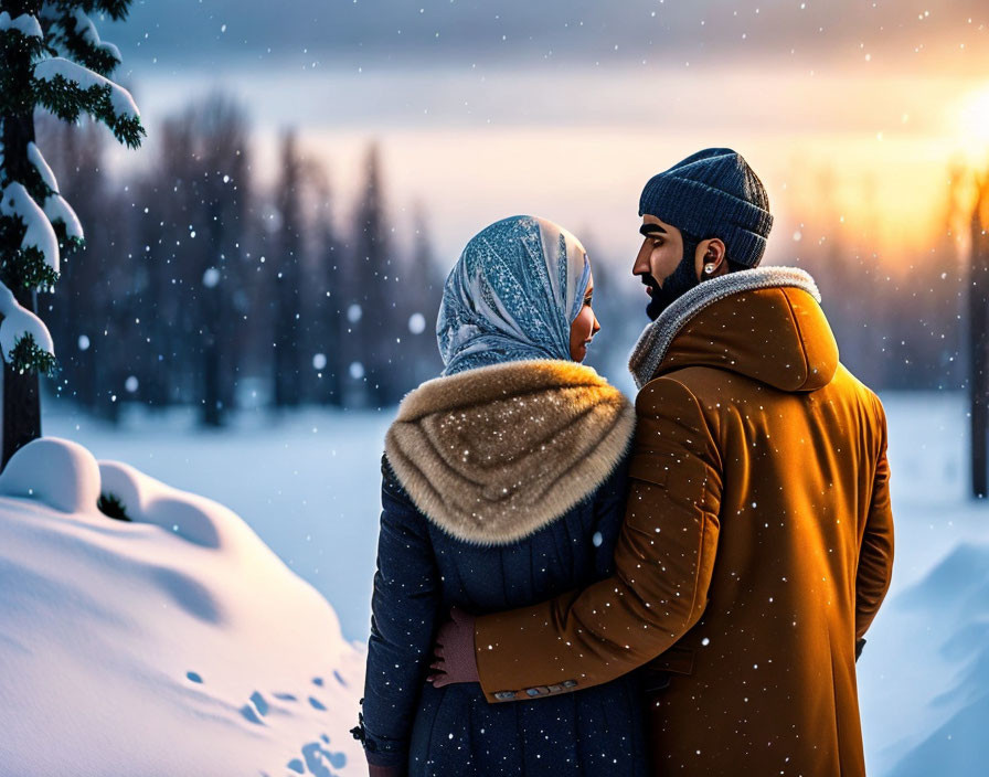 Couple Embracing in Winter Sunset with Snowflakes Falling