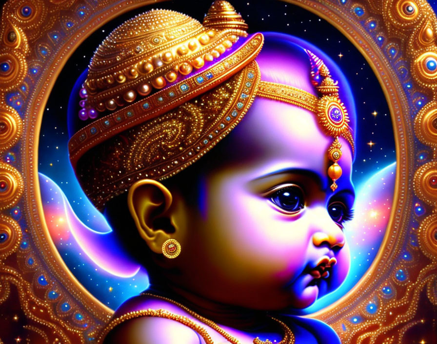 Vibrant digital artwork: Baby in Indian jewelry on cosmic backdrop
