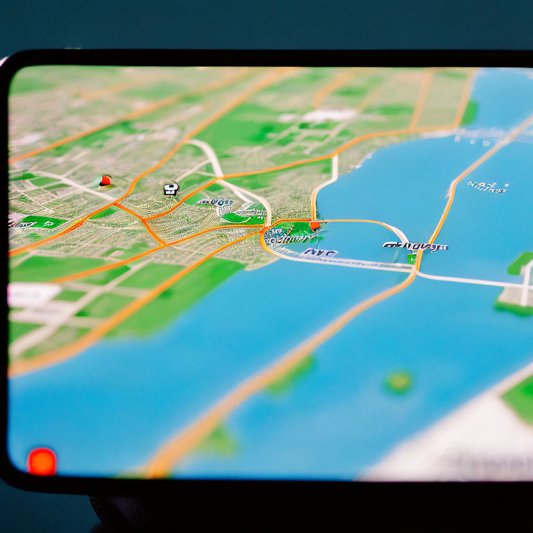 Detailed GPS map on smartphone screen with roads, river, and location symbols