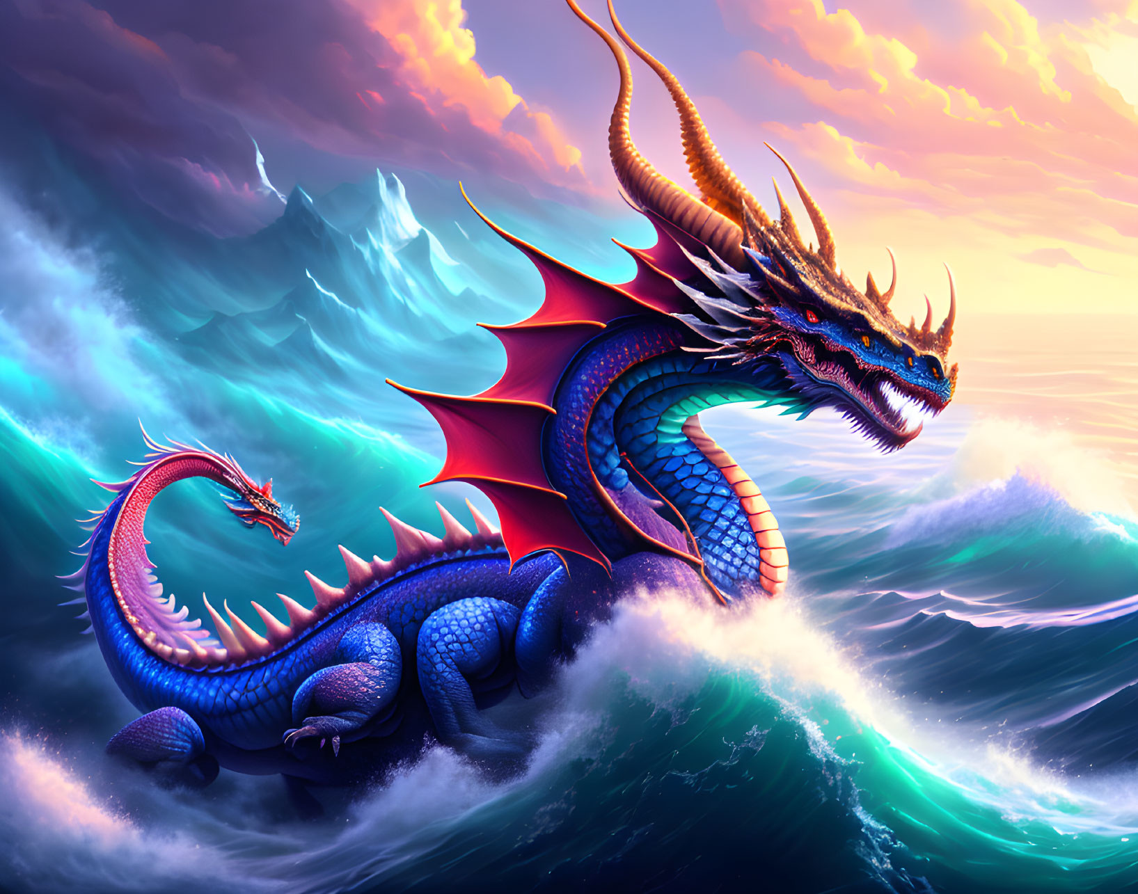 Majestic blue dragon with red wings in vibrant sunset scene