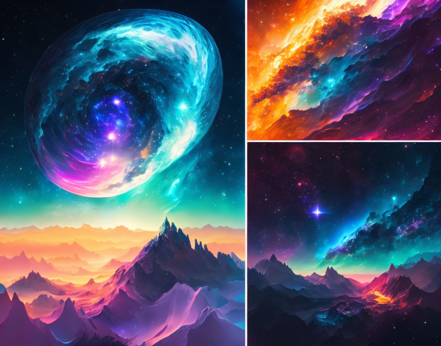 Colorful digital collage of swirling galaxy, nebulae, and mountain landscape under starlit sky