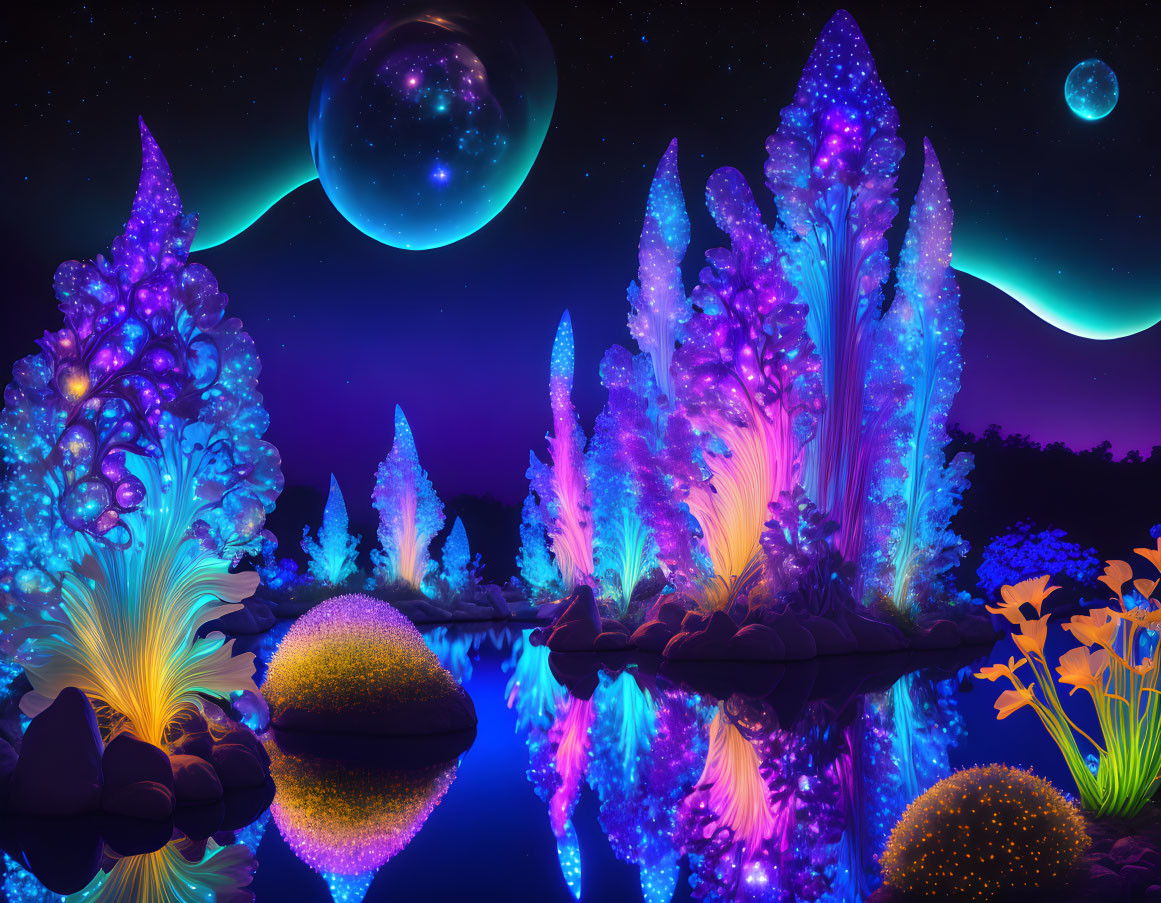 Alien landscape at night: Glowing flora, reflective water, multiple moons