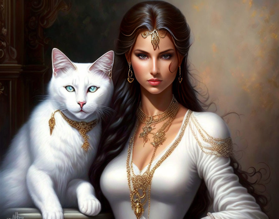 Woman and white cat