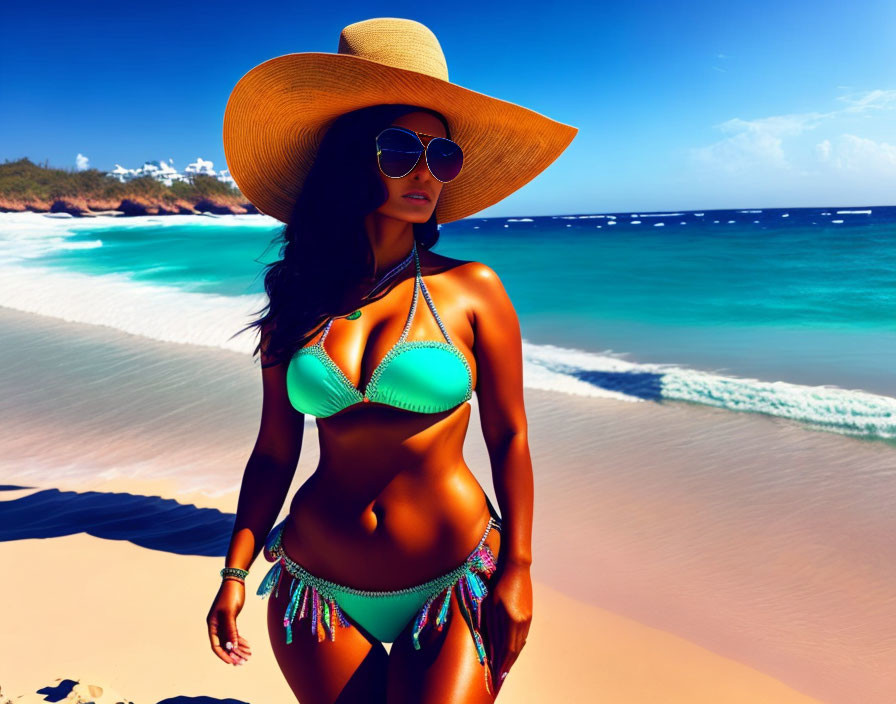 Woman in Turquoise Bikini and Sun Hat on Sunny Beach