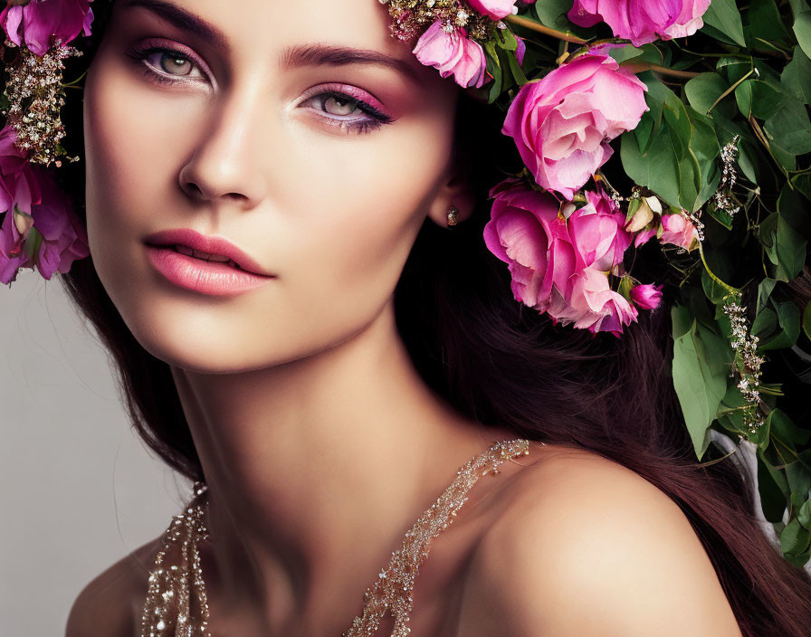 Woman with Green Eyes, Floral Makeup, and Peonies in Hair