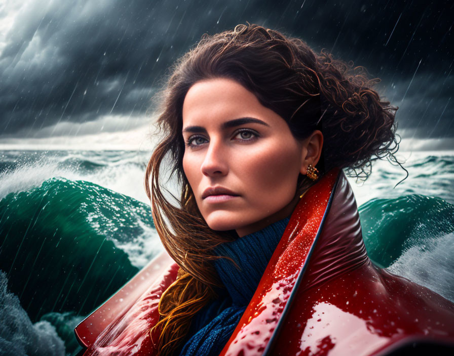 Woman with captivating eyes in red jacket against stormy seas and dark clouds