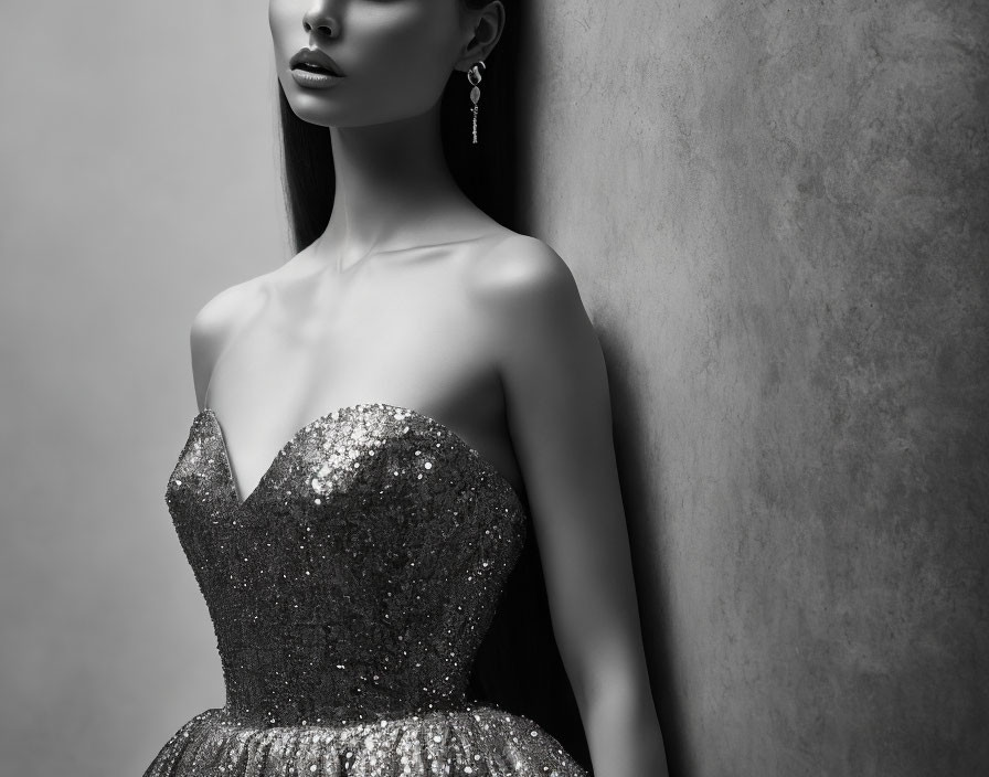 Monochrome image of person with sleek hairstyle in glittery dress leaning against textured wall