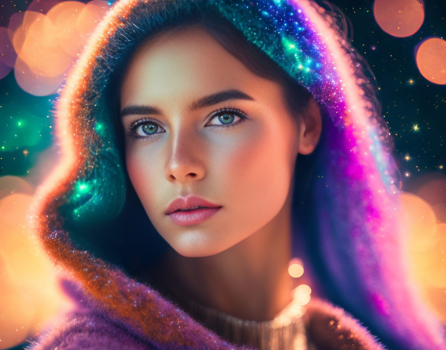 Woman with Blue Eyes in Colorful Bokeh Lights and Glittering Hooded Garment