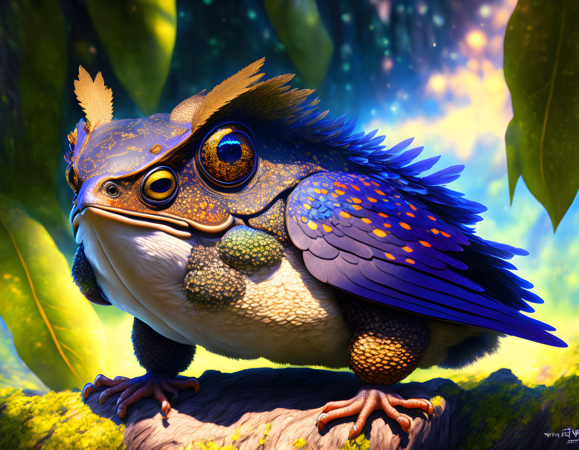 Colorful Fantastical Bird with Owl-like Features in Enchanted Forest