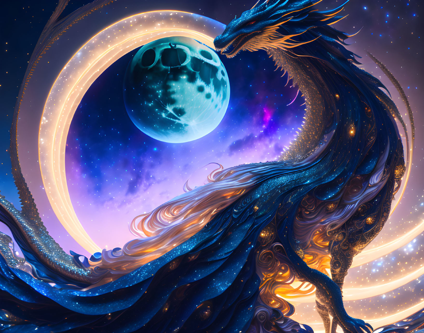 Blue dragon with golden accents in cosmic scene.
