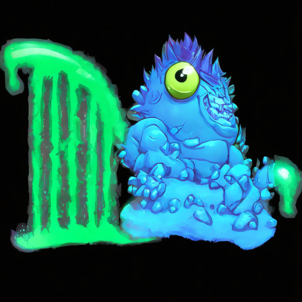 Blue one-eyed monster with spiky hair and green slime-covered letter "D" on black background