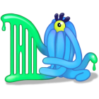 Blue one-eyed monster with spiky hair and green slime-covered letter "D" on black background