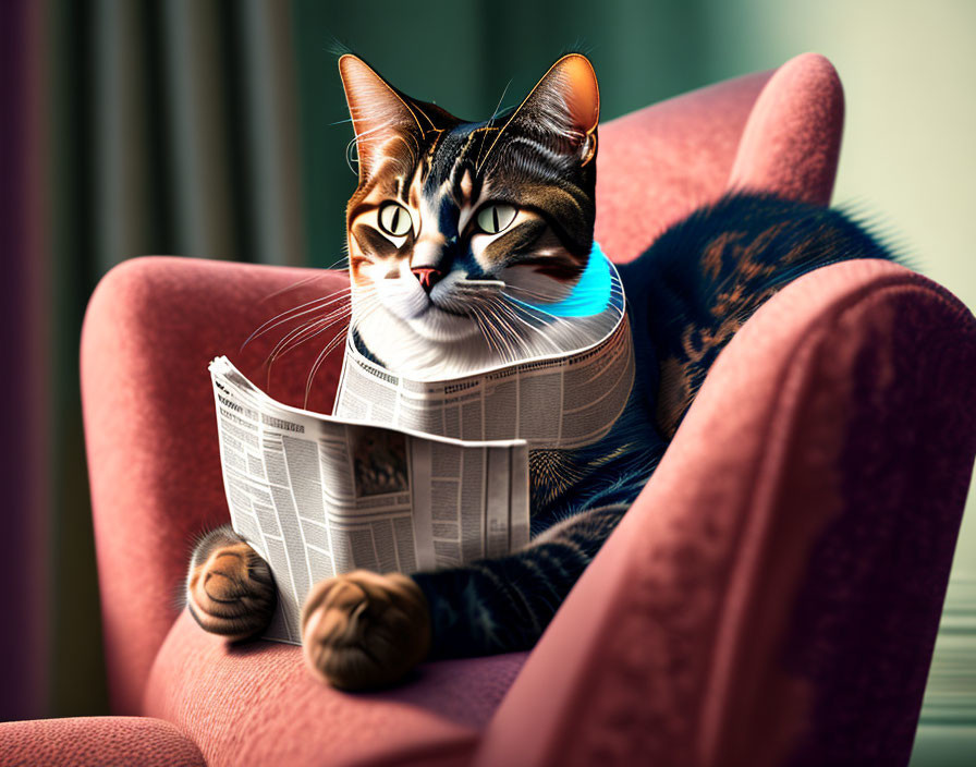 Tabby Cat Reading Newspaper in Pink Armchair