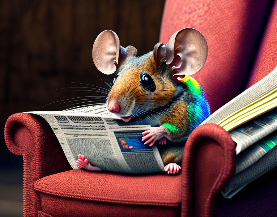 Colorful Mouse Reading Newspaper in Red Armchair