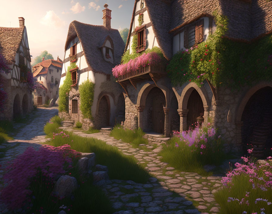 Medieval village street with cobblestones, stone houses, thatched roofs, and pink flowers in