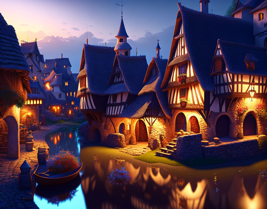 Twilight village scene with timber-framed houses by calm river