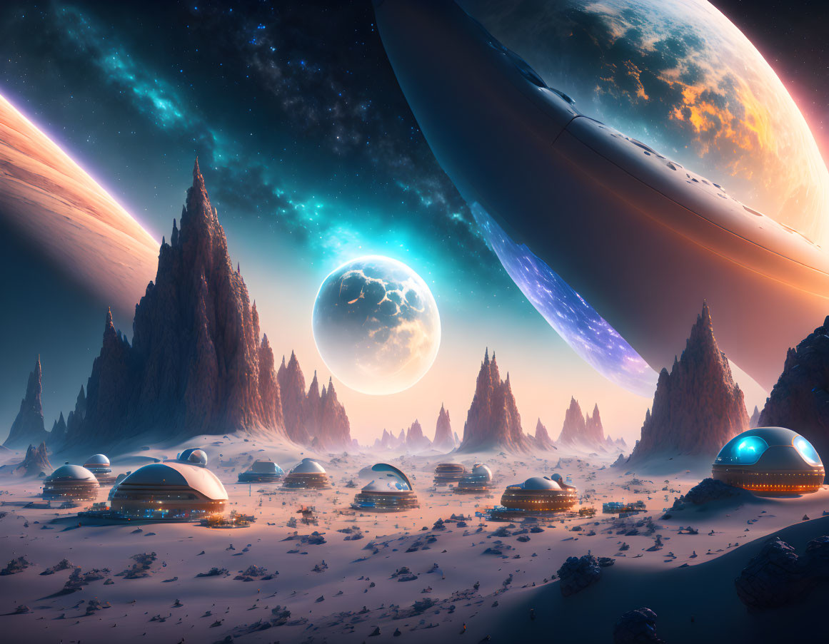 Alien landscape with domed structures, rocky spires, starry sky, planet, and moon
