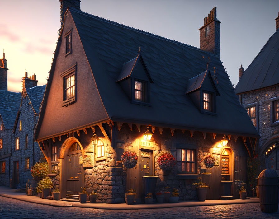 Thatched Stone Cottage with Warmly Lit Windows at Dusk