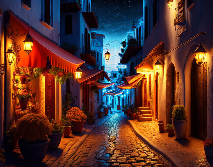 Cobblestone Street at Night with Warm Street Lamps and Starry Sky