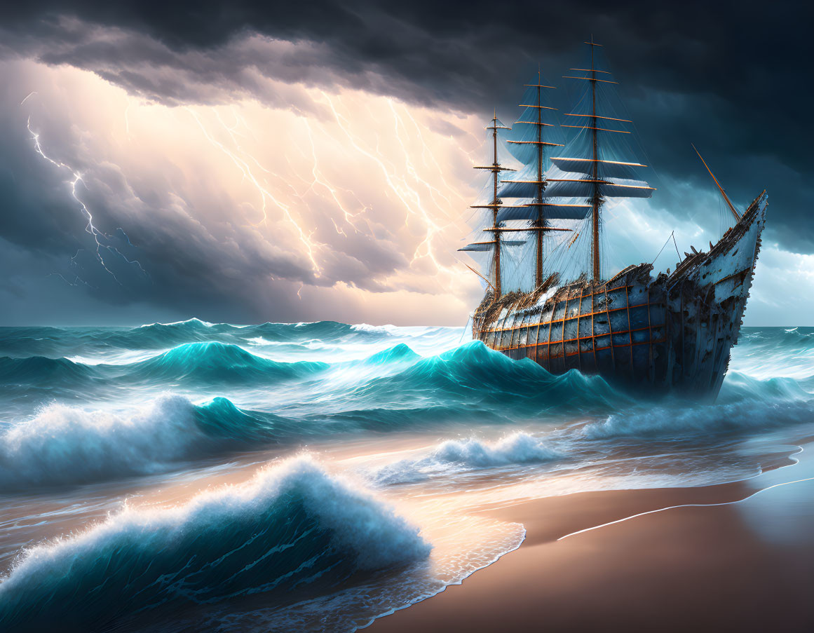 Stormy Beach Scene: Old Shipwreck, Crashing Waves, Ominous Sky