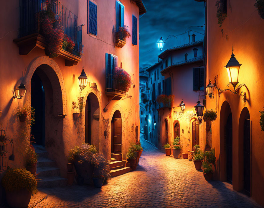 European cobblestone street at night with old buildings and glowing lamps