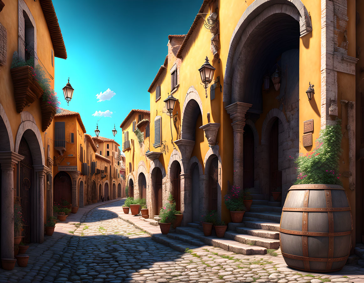 Picturesque cobblestone street with vibrant yellow buildings, arched doorways, and potted plants