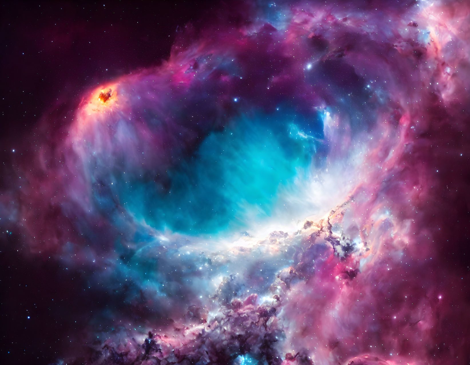 Colorful swirling nebula with stars in purple, blue, and pink hues