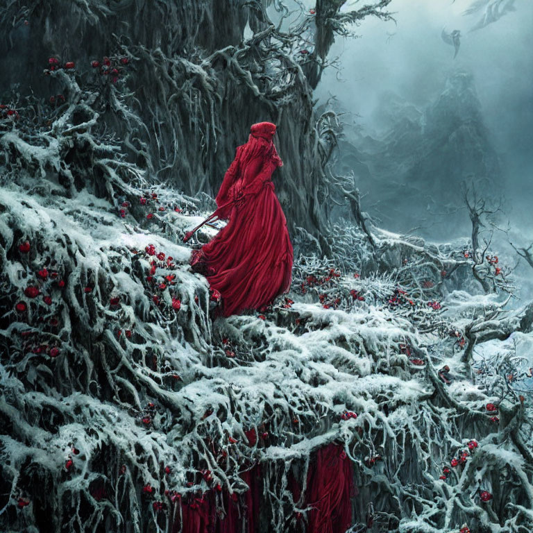 Person in red cloak surrounded by snow-covered trees with red berries in misty forest