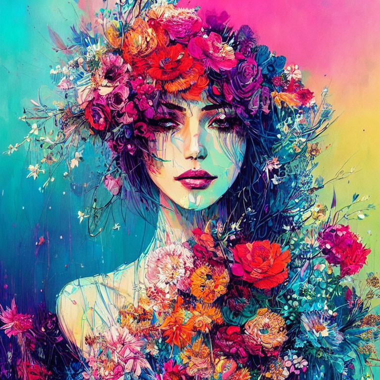 Colorful artwork of a woman with floral headdress and flowers in vibrant setting