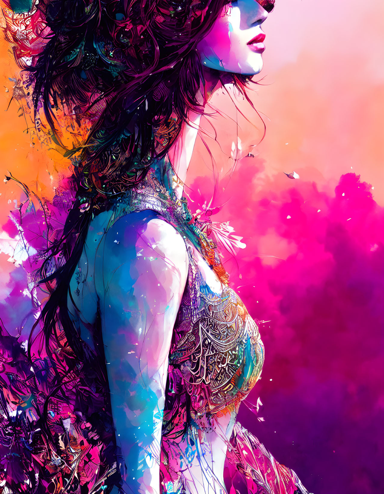 Colorful Digital Artwork: Woman in Profile with Abstract Elements